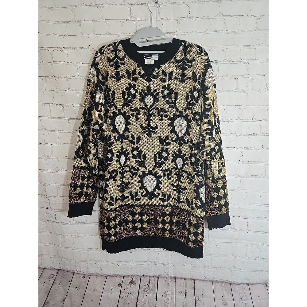 Vtg 80s Tunic Sweater Gold Metallic Avant Garde Retro Sz M Made In USA Holiday